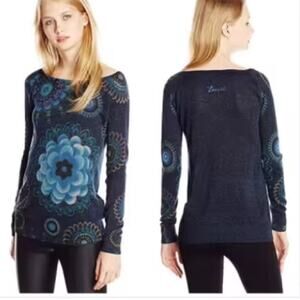 Desigual NWT Women's Lucke Knit Pullover Top Blue Floral Sparkle Size Small